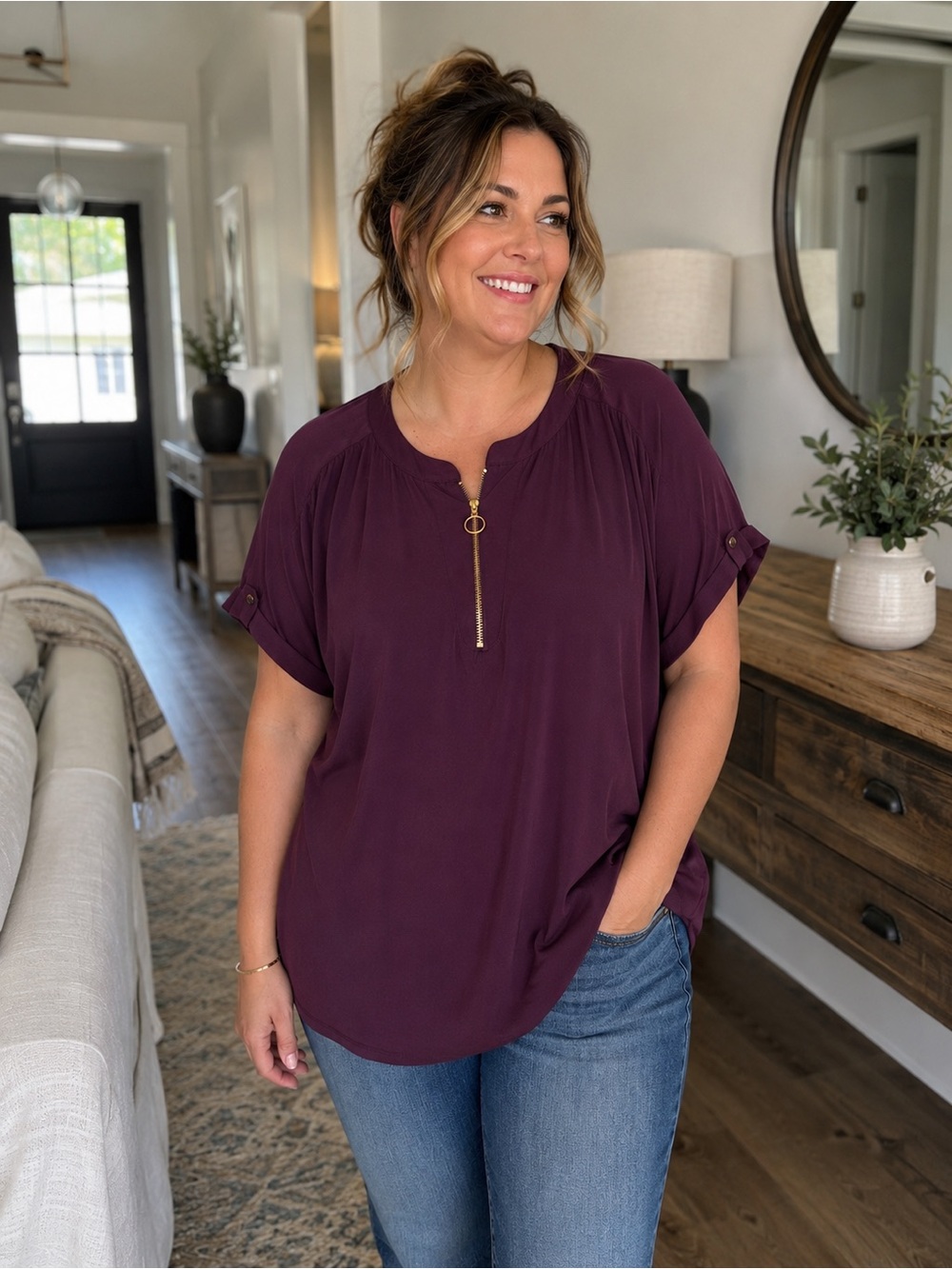 Joie De Vivre Plum Zip-Front Blouse – Women’s 2X